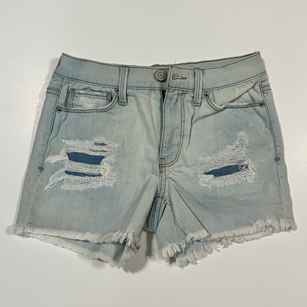 Mudd Light Blue Mid-Rise Midi Distressed Jean Shorts